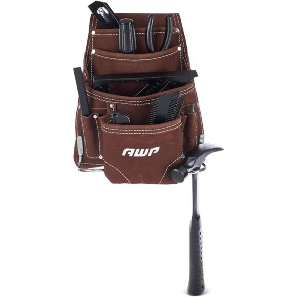 10-Pocket Suede Tool Pouch | Durable Construction Leather Tool Pouch | Brown - Picture 1 of 7